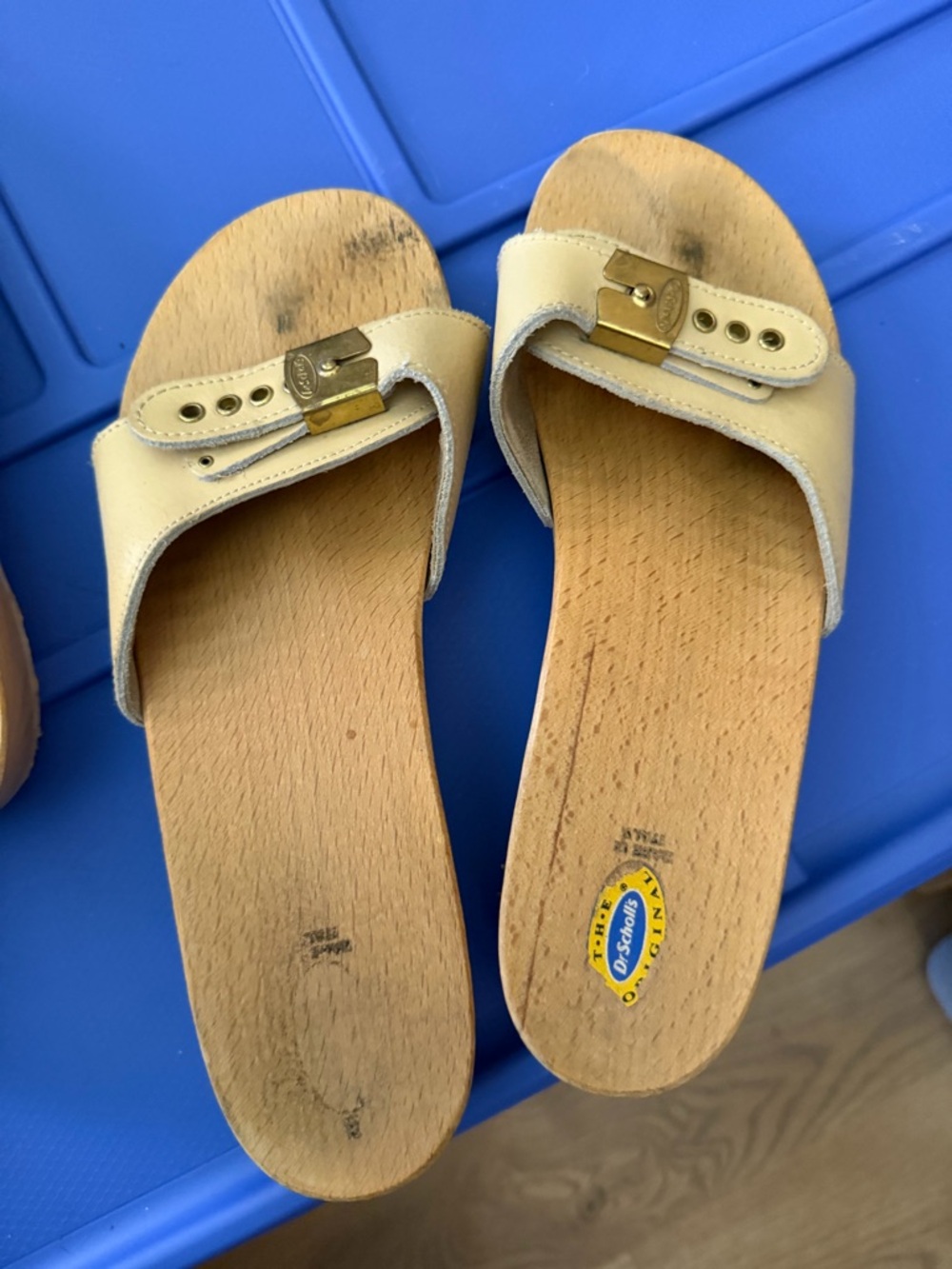 Dr. Scholl's Cream Slide Sandals with Gold Buckle